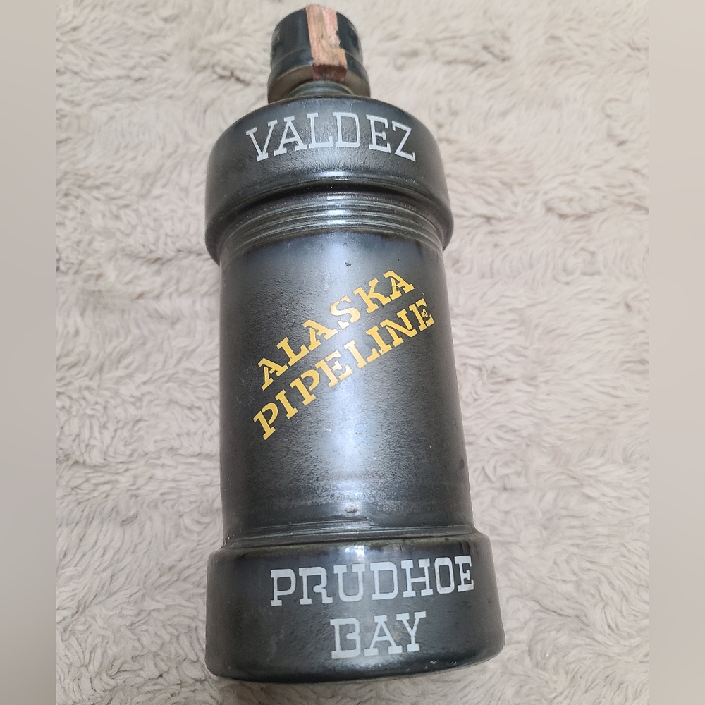 Vintage 1974 Alaska Pipeline Prudhoe Bay Black Decorative Bottle Decanter
